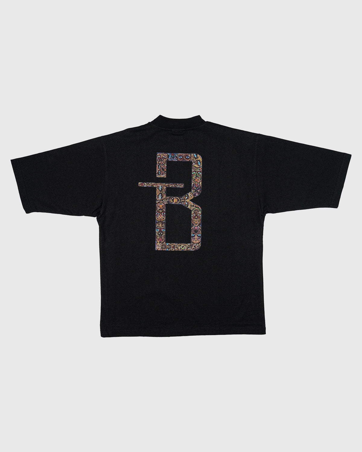 Folk Art Mock Neck T-Shirt - Black