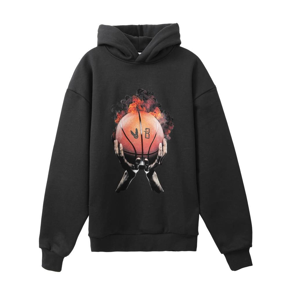هودي أسود مطبوع كرة سلة مع غطاء رأس أبيض