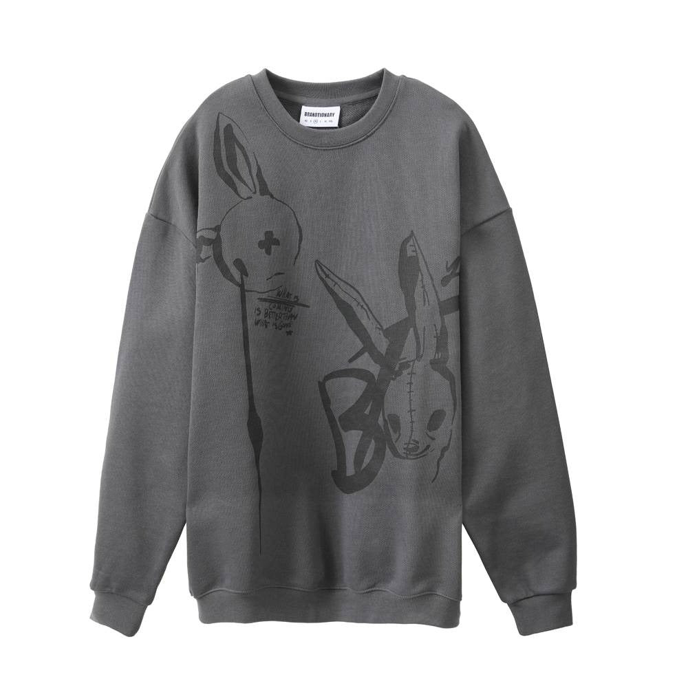 هودي مطبوع أرنب بياقة مستديرة - رمادي