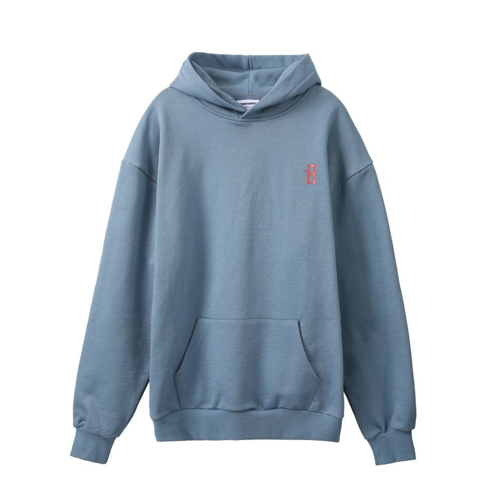 هودي أزرق مطبوع "Not Here Yet" مع غطاء رأس