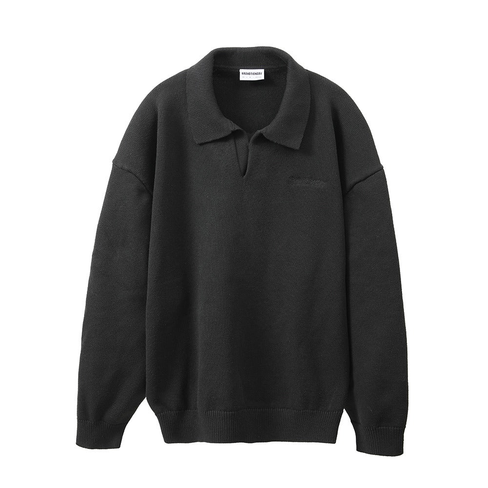 سويتر كاجوال صوفي أسود بياقة قميص