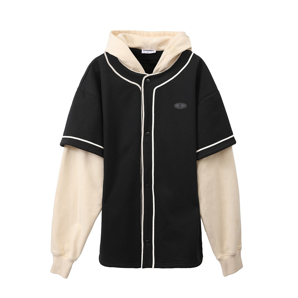 جاكيت بيسبول كاجوال بأزرار وياقة قميص أسود/أبيض