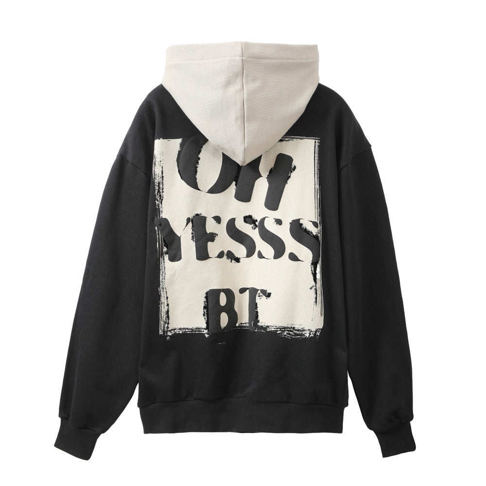 هودي أسود مطبوع "Oh Yees" مع غطاء رأس أبيض