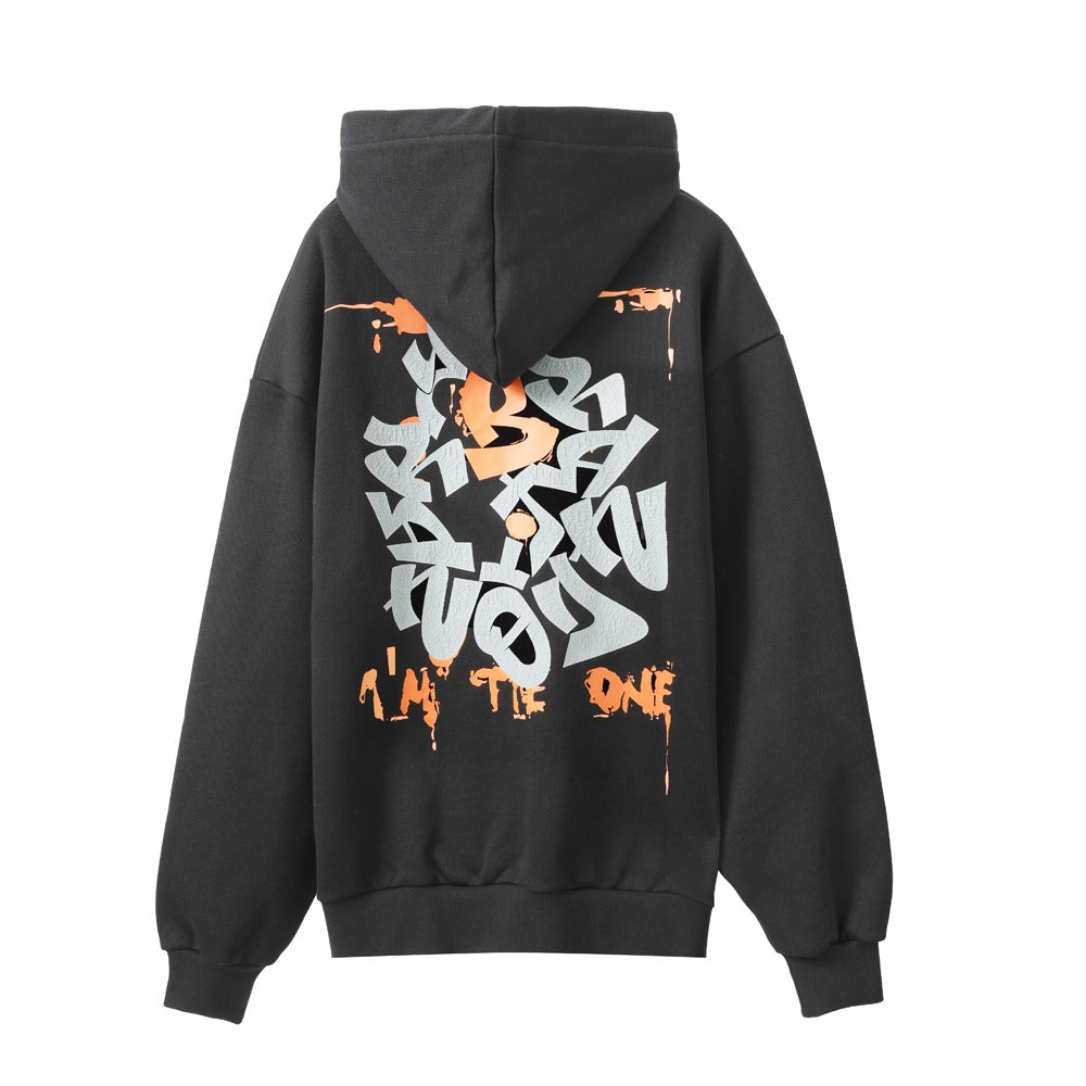 هودي أسود مطبوع "Iam The One" مع غطاء رأس