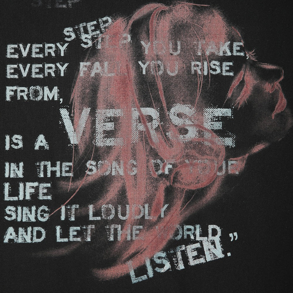 هودي أسود مطبوع "Verse" مع غطاء رأس